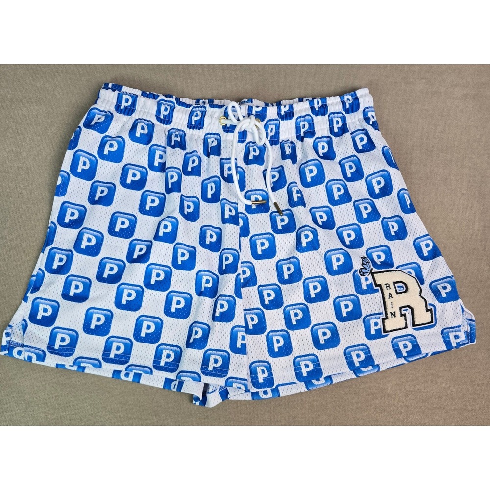 Ryoko Rain Shorts Pushin P All Over Logo Mesh Shorts White Blue Drawstring Patch